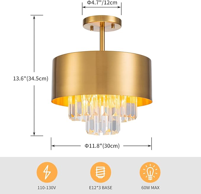 LumFurn 3-Light Luxury K9 Crystal Ceiling Light for Living Room, Foyer, Bedroom, Close to Ceiling Semi-Flushmount Light Fixture, Brass Finish Metal Lampshade & Clear Crystal Pendant