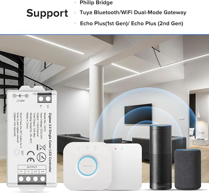 BTF-LIGHTING Tuya Zigbee 3.0 C01Z LED Controller Support Single Color 2 pin (-V +V) PWM FCOB COB SMD Light Strip Compatible with Echo Plus/4th Gen Tuya Gateway DC5V/DC12V/DC24V Max 15A
