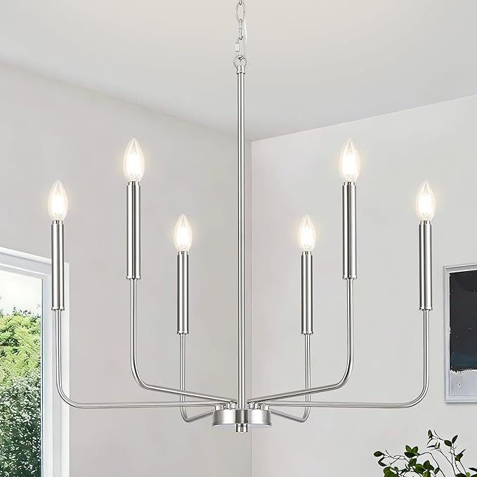 Modern Brushed Nickel Chandelier for Dining Room, Metal 6-Light Kitchen Light Fixtures, Farmhouse Candle Hanging Pendant Light for Living Room Entryway Foyer Bedroom (Bulbs Not Included)