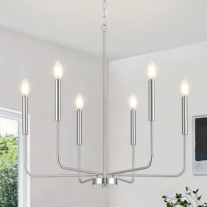 Modern Brushed Nickel Chandelier for Dining Room, Metal 6-Light Kitchen Light Fixtures, Farmhouse Candle Hanging Pendant Light for Living Room Entryway Foyer Bedroom (Bulbs Not Included)