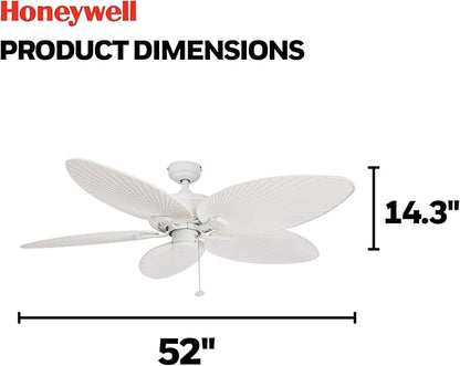 Honeywell Ceiling Fans Duval 52 Inch Ceiling Fan, Quick 2 Hang Indoor/Outdoor Ceiling Fan with Pull Chain, Dual Mount 5 Blade Tropical Design, ETL Damp Rated, White (50206-01)
