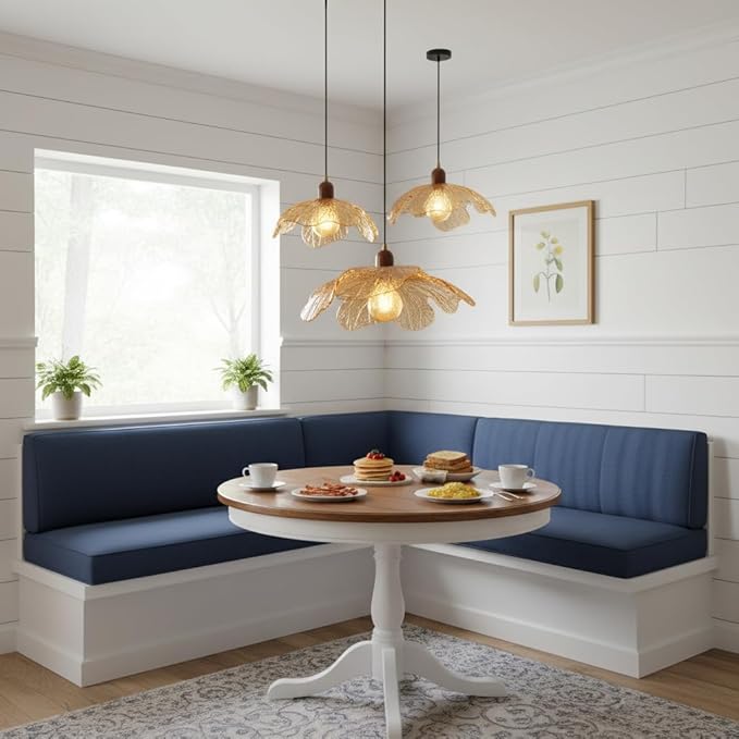 15.75" Large Flower Petal Adjustable Hanging Ceiling Light, Amber Glass Pendant Light Mid-Century Modern Wood & Metal Pendant Lamp for Dining Room Kitchen Island