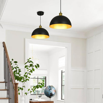 Pendant Lights Kitchen Island - 12-Inch Farmhouse Dome Hanging Light Fixture, Black and Gold Industrial Ceiling Light Adjustable Kitchen Pendant Lighting for Dining Room, Bedroom, Living Rooms