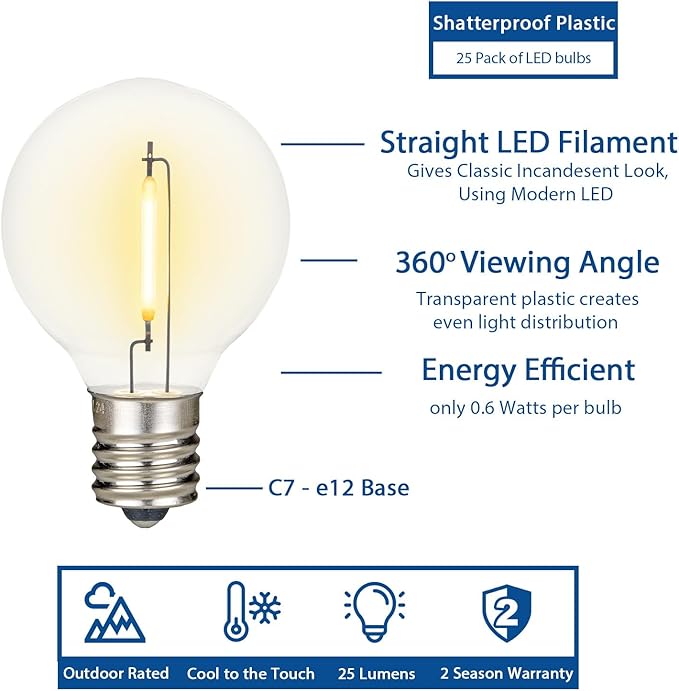 Novelty Lights 25 Feet G40 LED Patio String Light Set with 25 Bulbs, Warm White, Weather Resistant and Shatterproof Replaceable Plastic Globe Bulbs, Black Wire