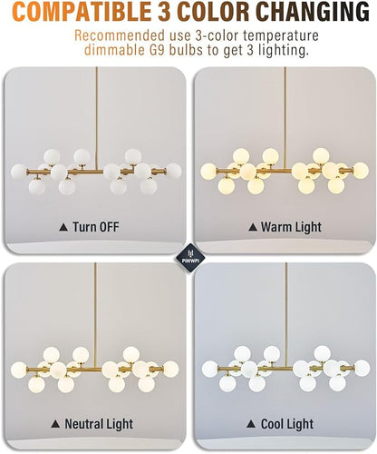 Glass Globe Sputnik Chandelier, 16-Light Mid Century Modern Light Fixture Over Table, Linear Chandeliers for Dining Room, Kitchen Island, Brass Gold and Milk White Bubble, 40 Inch, GC-02