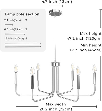 DORESshop Modern Chandelier for Dining Room, 6-Light 28" Chrome Farmhouse Chandelier for Dining Room, Dining Light Fixtures Over Table for Bedroom Hall Kitchen Living Room