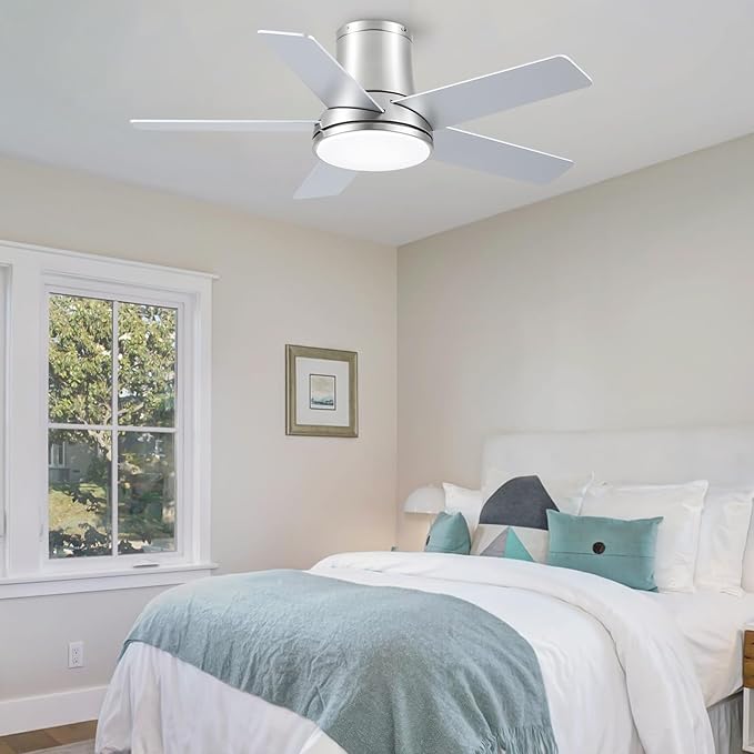 42 Inch Ceiling Fans with Lights and Remote, Flush Mount Nickel Ceiling Fan for Bedroom Living Room Indoor/Outdoor, Quiet 6 Speed Reversible DC Motor, 3CCT, Dual Color 5 Blades, ETL Listed