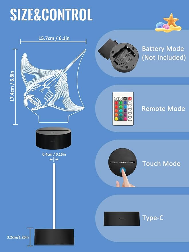Lampeez Manta Ray 3D Night Light for Kids, LED 16 Colors Remote Control Changing Touch Dimmable Table Desk Lamp, Cute Animal Gifts for Manta Ray Lovers Animal Fans
