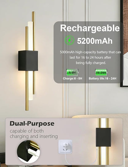 2 Pcs USB Rechargeable Wall Sconces, Wireless Cordless Wall Lamp with Dimmable Timer, No Wiring Needed Mounted Wall Light, Modern Decor Wall Sconce for Living Room, Bedroom, Study, Bathroom, Corridor