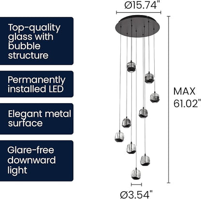 9-Light Modern Black Glass Globe Chandelier, Hanging Cluster Pendant Light Kitchen Island & Foyer Chandelier, Warm White 3000K, 4230 Lm, LED Modern Chandelier, Ø 15.75 in