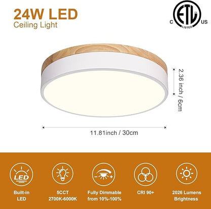 Modern Wood Flush Mount Ceiling Light, White LED 5CCT 2700K-6000K Dimmable Ceiling Light Fixtures, Round Close to Lighting Fixture for Kitchen Entryway Hallway Bedroom Laundry Room-11.8in