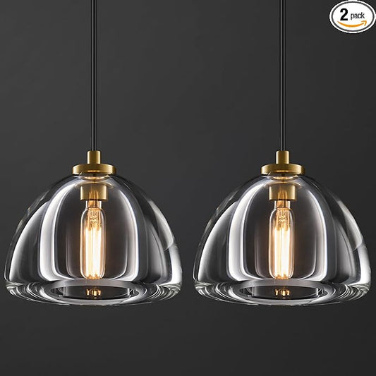 Crystal Pendant Light Kitchen Island: 2 Pack Luxury Brass Hanging Lights - 7" Modern Crystals Hemispher Lighting Fixture over Dining Table - Adjustable Gold Pendants Light for Bathroom Bulbs Included