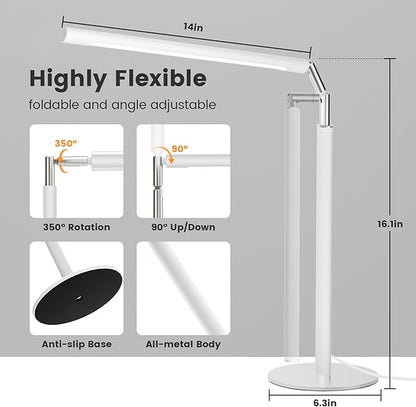 SIBRILLE White LED Desk Lamp, 16" Dimmable Metal Desk Light with Base, 15W 1200LM, Adapter Included, Color & Brightness Adjustable, Modern Tall Table Lamp for Home Office Reading Study Task Laptop