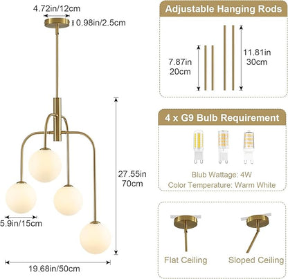4-Light Mid Century Modern Chandelier Milk Glass Globe Chandelier Light Fixture Gold Sputnik Hanging Pendant Light for Dining Room Kitchen Island Entryway