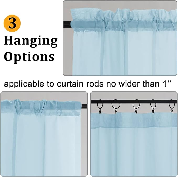 Gwine Sky Blue Sheer Curtains for Living Room 45 inches Long, Short Voile Light Filtering Window Treatments Sheer Curtains for Bedroom, Half Window Drapes with Rod Pocket, Each 42" Wx45 L