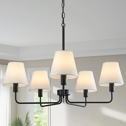 Black Chandeliers for Dining Room 30” Bedroom Light Fixture with White Fabric Shade 5-Light Modern Farmhouse Chandelier Adjustable Pendant Lighting Fixtures for Kitchen Island,Living Room,Entryway