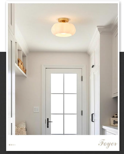 Vintage Semi Flush Mount Ceiling Light,Mid Century Modern Ceiling Lights,10 Inch Milk White Glass Shade with a Gold Base,for Bedroom,Kitchen,Hallway,Entryway