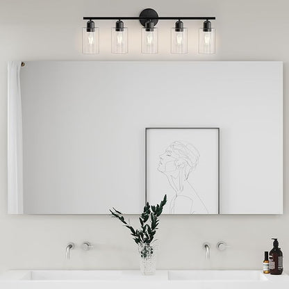 Bathroom Vanity Light Fixtures Matte Black Bathroom Lighting Fixture, 5 Lights Bathroom Light Fixture Over Mirror, Modern Black Vanity Light, Wall Sconces with Glass Shades