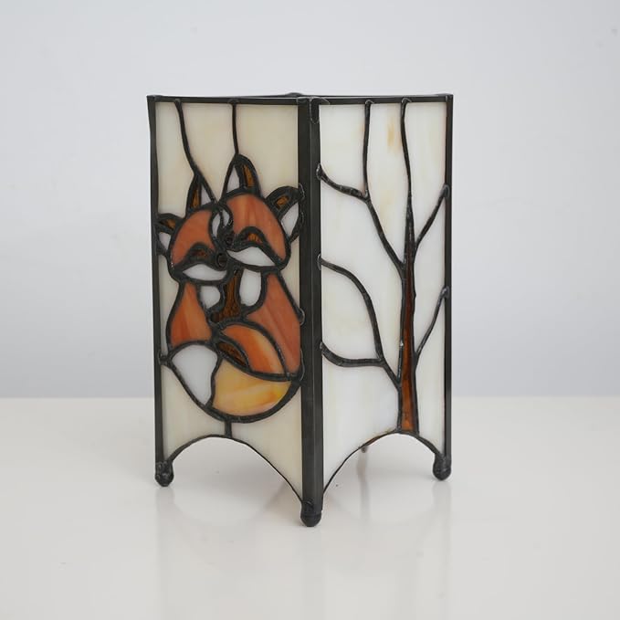 Tiffany Lamp Orange Stained Glass Table Lamp Small Foxes Animal Night Light Mini Retro Bedside Table Light for Home Decor Boys Girls Christmas Halloween Gifts
