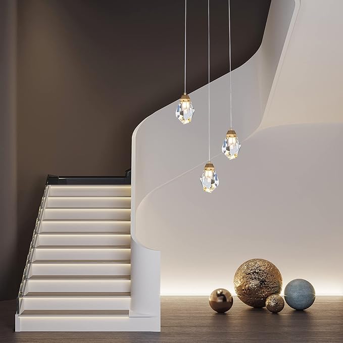 3 Lights Crystal Pendant Light Modern Cluster Chandelier - Dimmable LED Pendant Light Fixture with Brass Teardrop Design - Stylish Lighting for Kitchen Island, Dining Room, Hallway, Bathroom