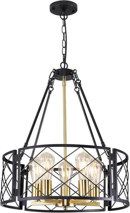 21'' Farmhouse Chandelier, 5-Light Black and Gold Dining Room Light Fixture Over Table, Rustic Industrial Drum Hanging Pendant Lights Fixture for Kitchen Island Living Room Bedroom Hallway Entryway
