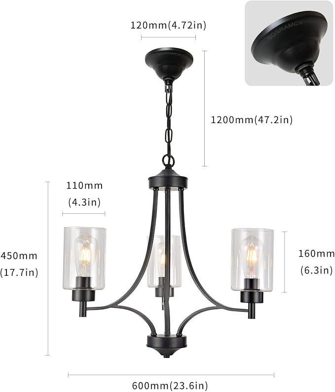 BOZO 3 Lights Black Chandelier for Dining Room Light Fixture Over Table, Entryway Chandelier for Foyer, Hallway Lighting Fixtures with Glass Shade for Kitchen Island
