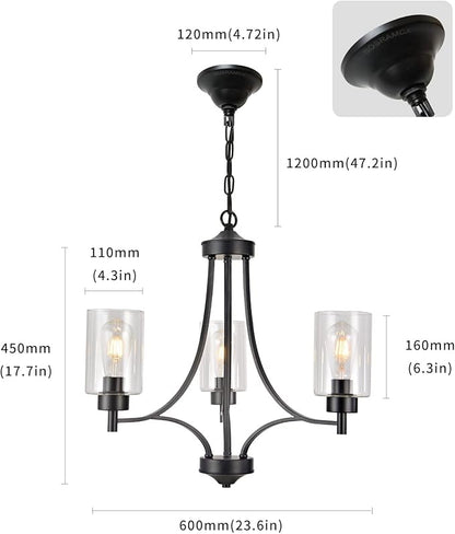BOZO 3 Lights Black Chandelier for Dining Room Light Fixture Over Table, Entryway Chandelier for Foyer, Hallway Lighting Fixtures with Glass Shade for Kitchen Island