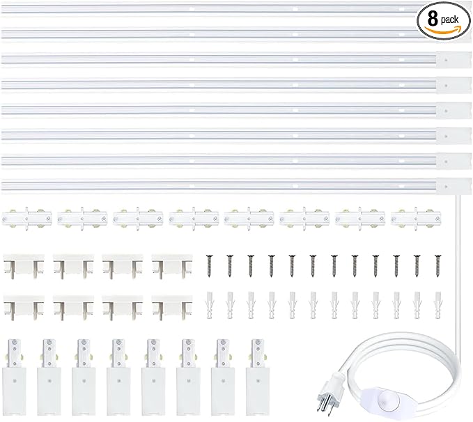 8PCS White H Type Track Lighting Rails Kit, 120V Single Circuit 3-Wire H Track Rail 26FT with Extra 8 I Connectors and Wall Anchors, Made of Aluminum and Strength Guarantee