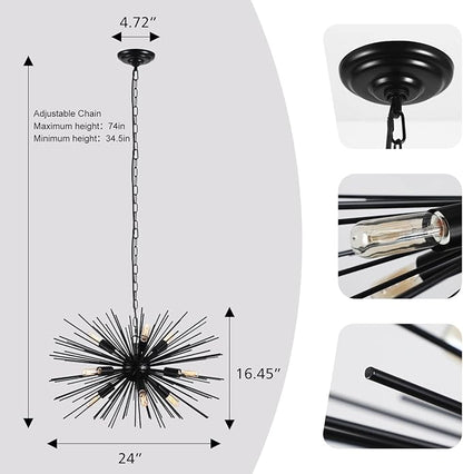 24in Black Sputnik Chandelier Light Fixture Over Table Modern 9-Lights Starburst Chandelier Solid Metal Satellite Sputnik Light Fixture for Dining Room, Kitchen Island, Bedroom,Foyer,Entryway
