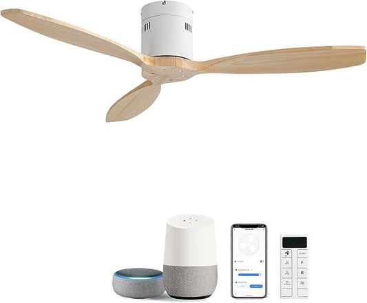 Sofucor 52 Inch Smart Ceiling Fan Without Light Flush Mount Solid Wood Ceiling Fan with Alexa/Google/APP/Remote Control-Modern Outdoor Ceiling Fans No Light for Bedroom/Patio/Indoor,Natural Wood&White