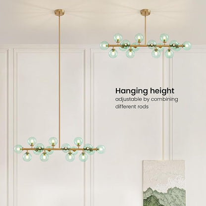 Mid Century Modern Gold Chandelier with Green Glass Rectangle Pendant Fixtures Linear Sputnik Chandeliers for Kitchen Island Dining Room Over Table