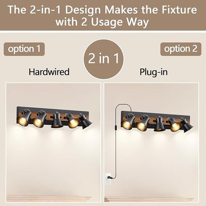 KEESFU 5-Light Plug in Track Lighting Kit,Black Semi Flush Mount Ceiling Light with 5 Rotatable Light Heads,Modern Farmhouse Lighting for Livingroom,Bedroom,Hallway,Art Wall,Bathroom,Kitchen.