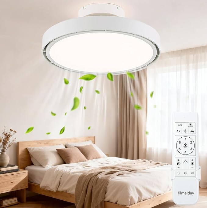 Bladeless Ceiling Fans with Lights and Remote, Flush Mount Modern Ceiling Fan with Light, 6 Speeds, Stepless dimming & 3000-6000K CCT LED Lights for Bedroom, Living Room (White)