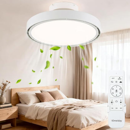 Bladeless Ceiling Fans with Lights and Remote, Flush Mount Modern Ceiling Fan with Light, 6 Speeds, Stepless dimming & 3000-6000K CCT LED Lights for Bedroom, Living Room (White)