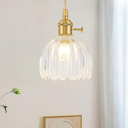 Mini Pendant Lights Kitchen island 3 Pack, Small Adjustable Pendant Light Fixture with Transparent Tulip Glass Lampshade, Vintage Gold Pendant Lighting, Pendant Light for Bedroom Dining Room Hallway