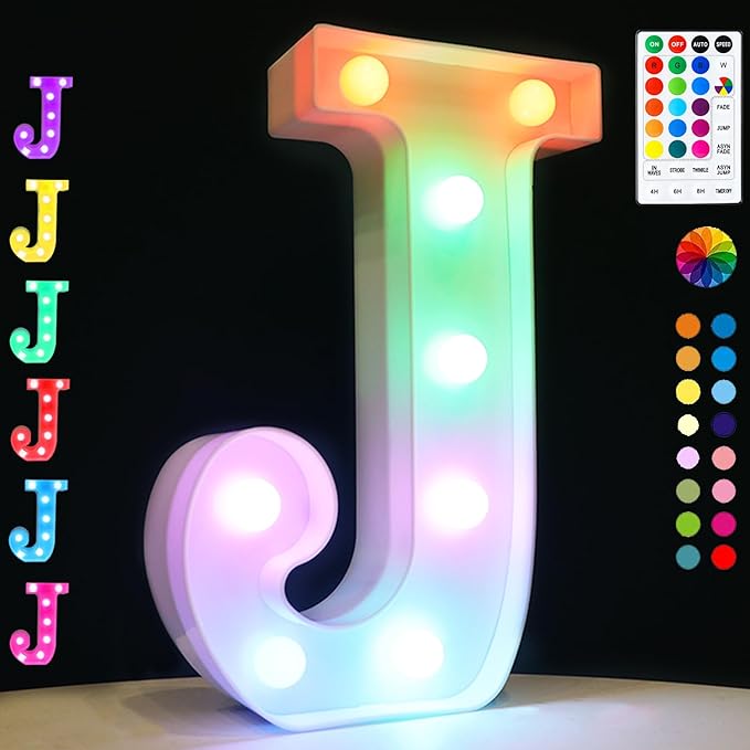 LED Marquee Letter Lights, 18 Colors Changing Light Up Letters with Remote, RGB Alphabet Letters Sign for Girls Boys Gift Birthday Party Night Light Bedroom Wedding Christmas Decor-Colorful J