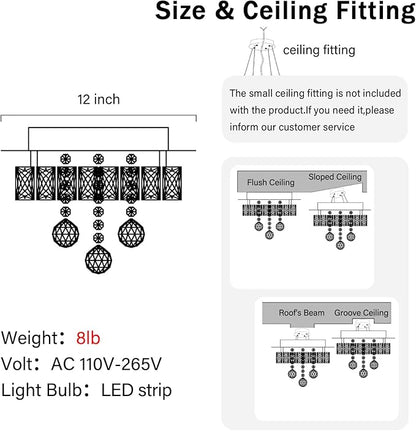 Dia 12" Mini Chandelier Flush Mount Chandelier for Hallway, Crystal Ceiling Chandeliers for Dining Room, Bedroom, Living Room, Entryway, Kitchen (Chrome Ceiling Light Fixture)