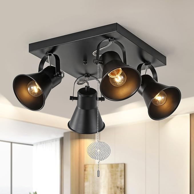 KEESFU 4-Light Square Ceiling Light Fixture with Pull Chain Switch, Black Adjustable Track Lighting,Flush Mount Directional Ceiling Lamp for Foyer Living Room Bedroom Kitchen Dining Area