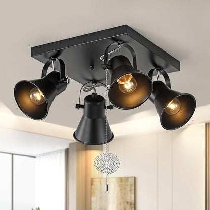 KEESFU 4-Light Square Ceiling Light Fixture with Pull Chain Switch, Black Adjustable Track Lighting,Flush Mount Directional Ceiling Lamp for Foyer Living Room Bedroom Kitchen Dining Area