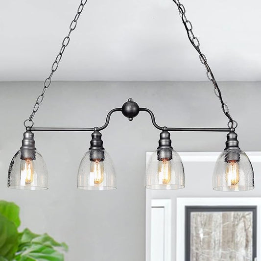 LOG BARN Large 32” Brushed Antique Silver Chandelier, Industrial Kitchen Island Pendant Lighting Fixture with Seeded Glass Shades for Dining Room, Bedroom, Foyer and Living Room