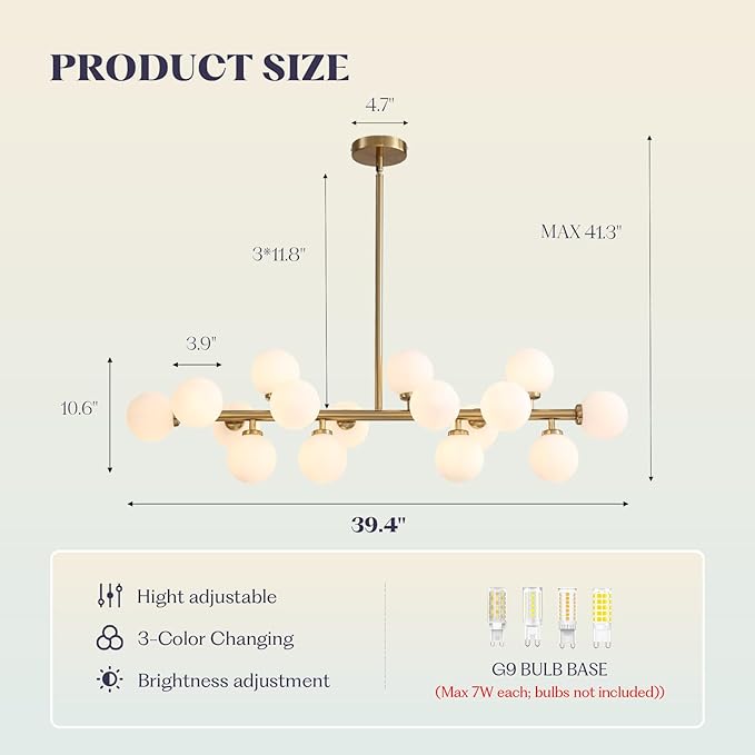 Mid Century Modern Chandelier Over Table, 16-Light Globe Sputnik Chandelier Rectangle Pendant Lighting Fixture Hanging Ceiling Light for Dining Room, Kitchen Island