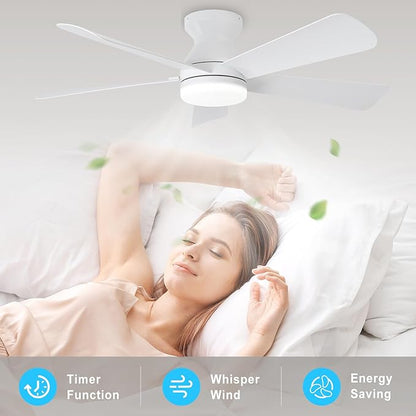 Depuley Modern Ceiling Fan with Light: 42-Inch White Small Fans for Bedroom Indoor Outdoor - Dimmable Low Profile Ceiling Fans with Remote Control Flush Mount 5 Reversible White Blades 6 Speeds Timer