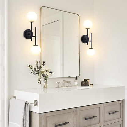 BYOLIIMA Black Globe Wall Sconces, 2-Light Modern Matte Black Vanity Lights with White Globe Glass Shade, Industrial Farmhouse Wall Lamp for Bedroom, Living Room, Kitchen, Bathroom