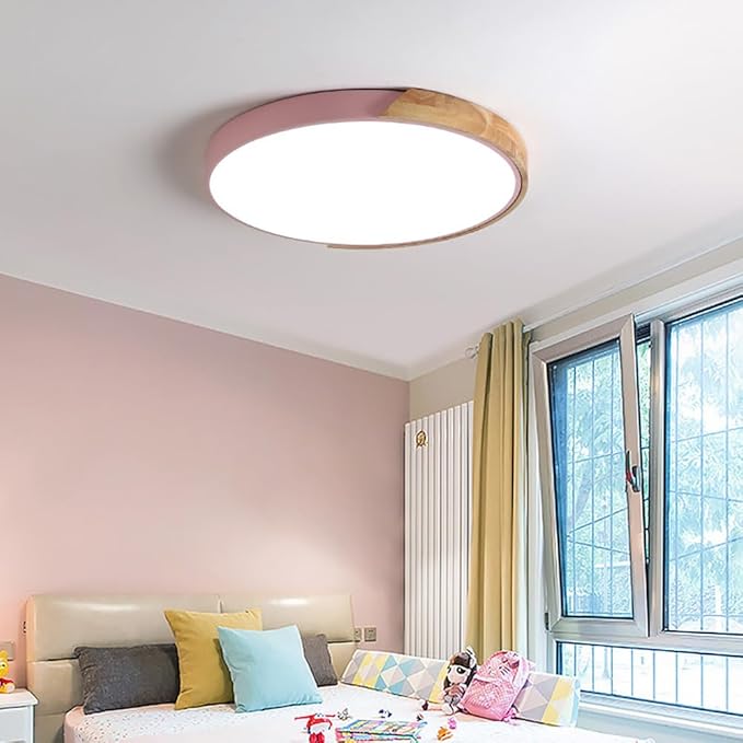 LED Ceiling Light Fixture,10 Inch Modern Wood Recessed Ceiling Lights, Dimmable Light,Pink 12W Close to Ceiling Lighting Flush Mount Living Room Bedroom,3000K-6000K
