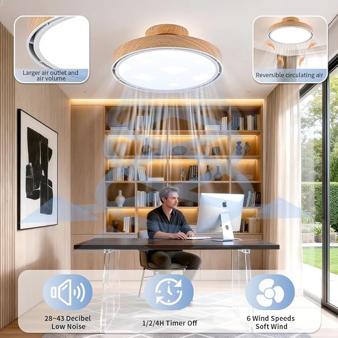 Bladeless Ceiling Fans with Lights and Remote, Flush Mount Modern Ceiling Fan with Light, 6 Speeds, Stepless dimming & 3000-6000K CCT LED Lights for Bedroom, Living Room (Light Walnut)