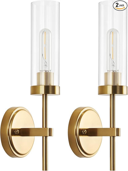 WILON Wall Sconces 2 pcs, Vanity Lights for Bathroom Sconces Wall Lighting with Clear Glass Shades, Vintage Antique Brass Wall Lamp for Mirror Bedroom Living Room Bedside Hallway, Brass Gold