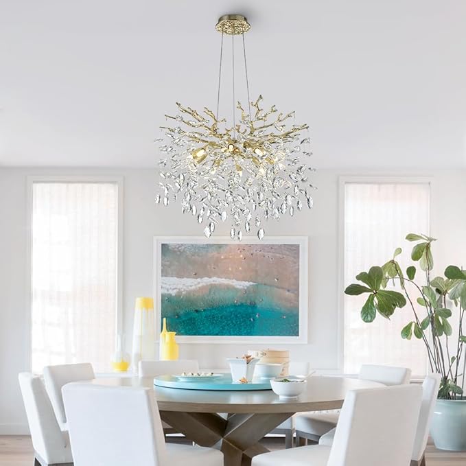 Modern Crystal Tree Branches Chandelier, 23.5in Gold 8 Lights Large Ceiling Hanging Light for Dining Room, Round Raindrop Pendant Light Fixture
