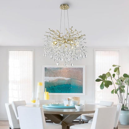 Modern Crystal Tree Branches Chandelier, 23.5in Gold 8 Lights Large Ceiling Hanging Light for Dining Room, Round Raindrop Pendant Light Fixture