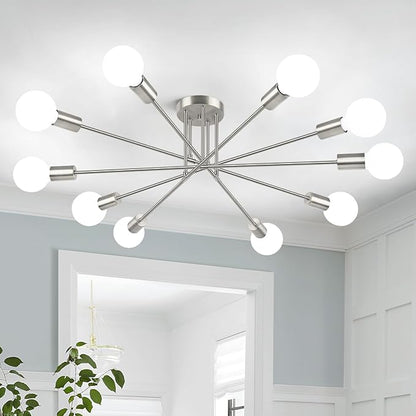 Semi Flush Mount Ceiling Light Fixture, 10-Light Modern Brushed Nickel Sputnik Chandelier Industrial Ceiling Lamp for Kitchen Dining Room Living Room Bedroom Foyer