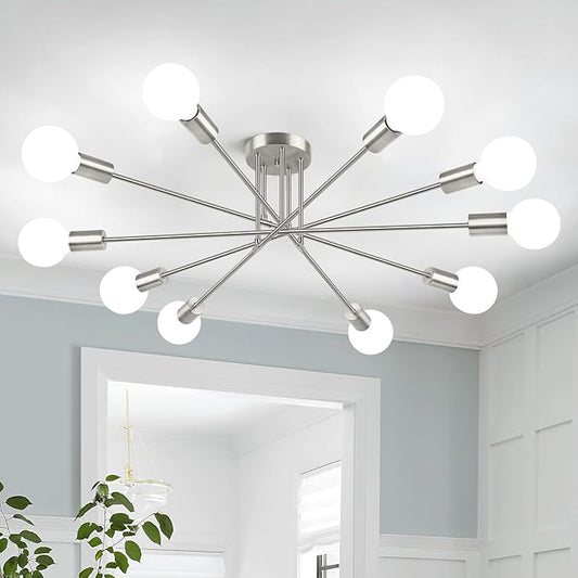 Semi Flush Mount Ceiling Light Fixture, 10-Light Modern Brushed Nickel Sputnik Chandelier Industrial Ceiling Lamp for Kitchen Dining Room Living Room Bedroom Foyer
